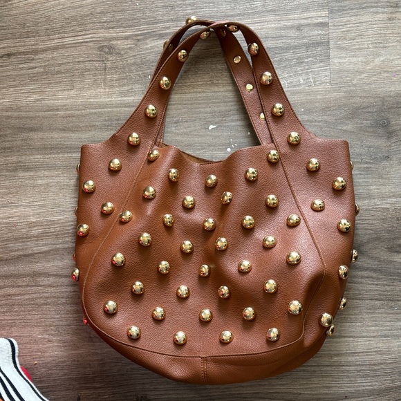 JLN Anthropologie BROWN/GOLD THE SONIA MEDIUM SLOUCHED STUDDED BAG - Picture 3 of 9